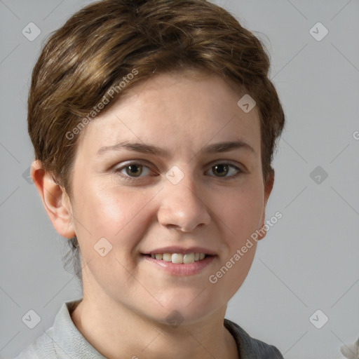 Joyful white young-adult female with short  brown hair and grey eyes