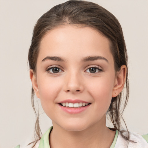 Joyful white child female with medium  brown hair and brown eyes