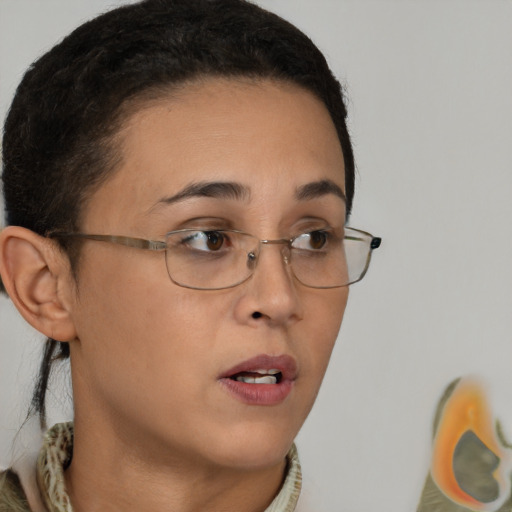 Neutral asian young-adult female with short  brown hair and brown eyes