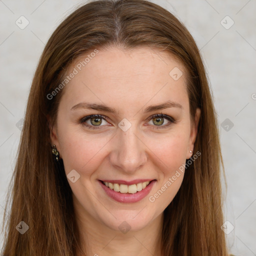 Joyful white young-adult female with long  brown hair and green eyes