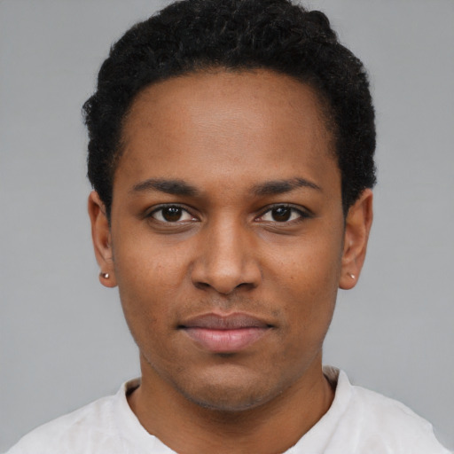 Neutral black young-adult female with short  black hair and brown eyes