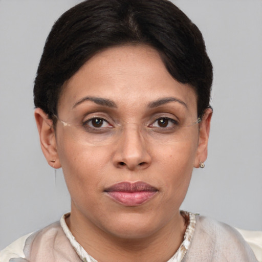 Joyful white adult female with short  brown hair and brown eyes