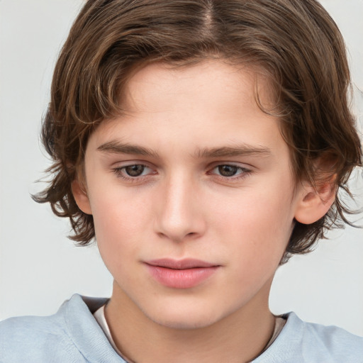 Joyful white child female with medium  brown hair and brown eyes