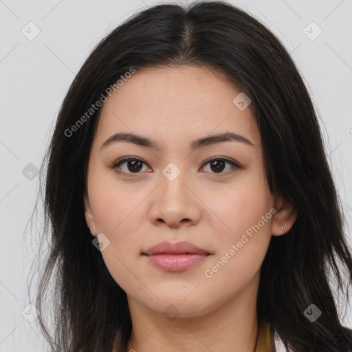 Joyful asian young-adult female with long  brown hair and brown eyes