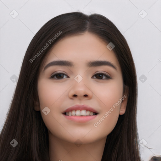 Joyful white young-adult female with long  black hair and brown eyes