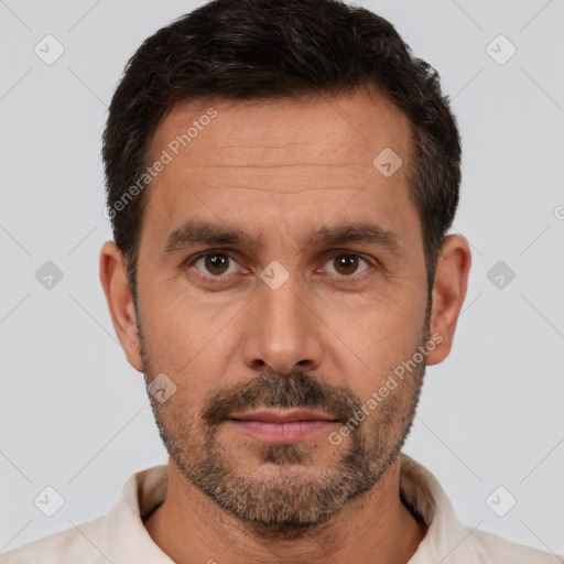 Neutral white adult male with short  brown hair and brown eyes