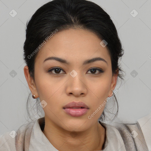 Neutral asian young-adult female with medium  brown hair and brown eyes