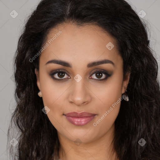 Joyful latino young-adult female with long  brown hair and brown eyes