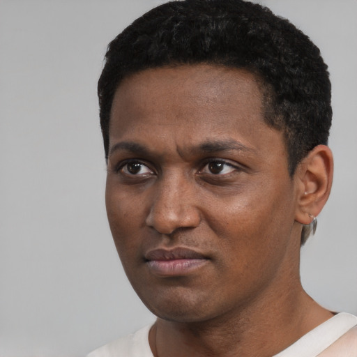 Neutral black young-adult male with short  black hair and brown eyes