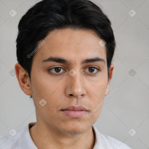 Neutral asian young-adult male with short  brown hair and brown eyes