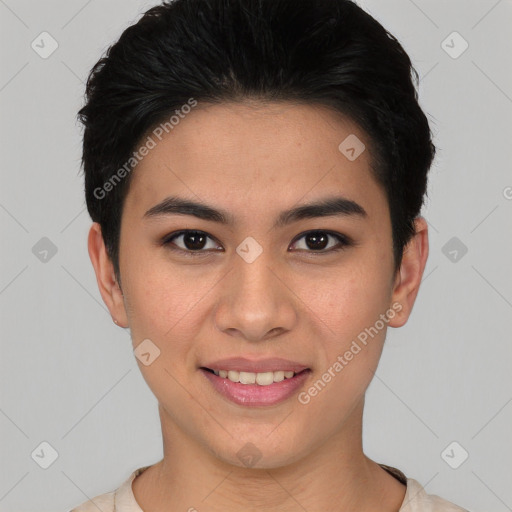 Joyful latino young-adult female with short  black hair and brown eyes