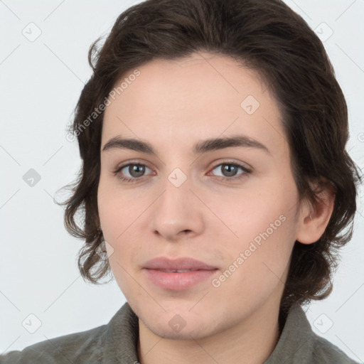 Neutral white young-adult female with medium  brown hair and brown eyes