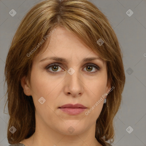 Joyful white young-adult female with medium  brown hair and green eyes