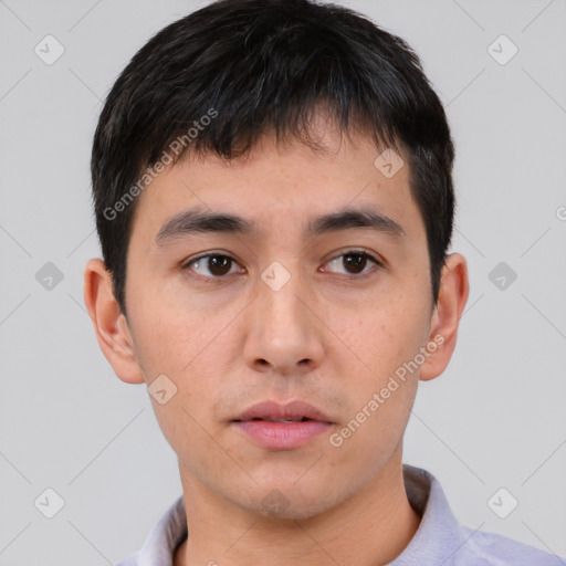 Neutral asian young-adult male with short  black hair and brown eyes