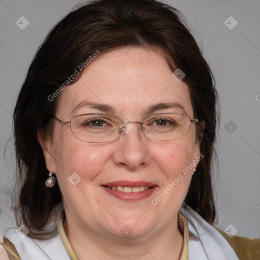 Joyful white adult female with medium  brown hair and blue eyes