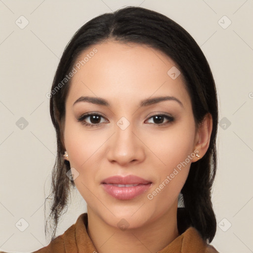 Joyful white young-adult female with long  black hair and brown eyes