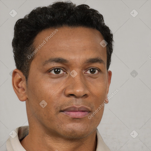 Neutral black adult male with short  brown hair and brown eyes