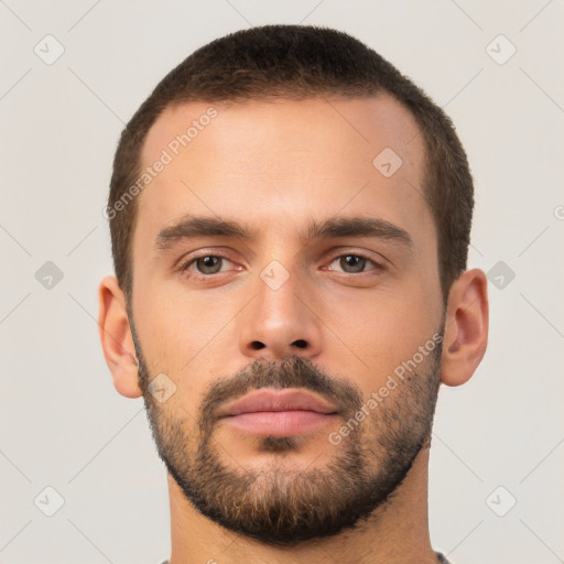 Neutral white young-adult male with short  brown hair and brown eyes