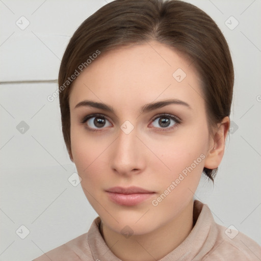 Neutral white young-adult female with short  brown hair and brown eyes