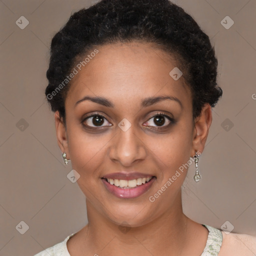 Joyful latino young-adult female with short  black hair and brown eyes