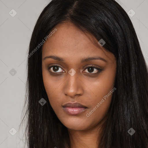 Neutral asian young-adult female with long  brown hair and brown eyes