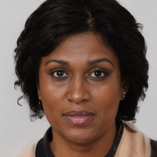 Joyful black adult female with long  brown hair and brown eyes