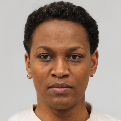Joyful black adult female with short  brown hair and brown eyes