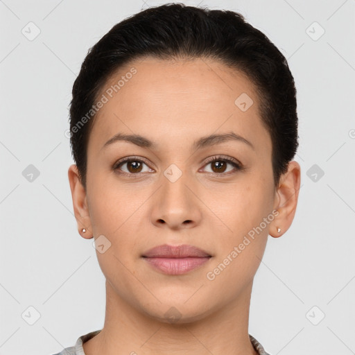 Joyful white young-adult female with short  brown hair and brown eyes