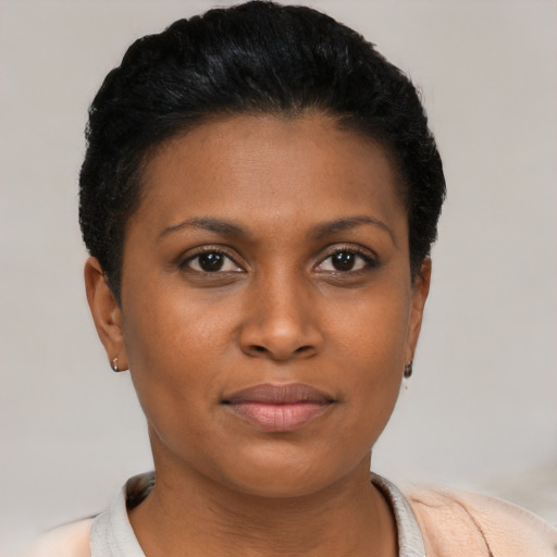 Joyful black young-adult female with short  brown hair and brown eyes