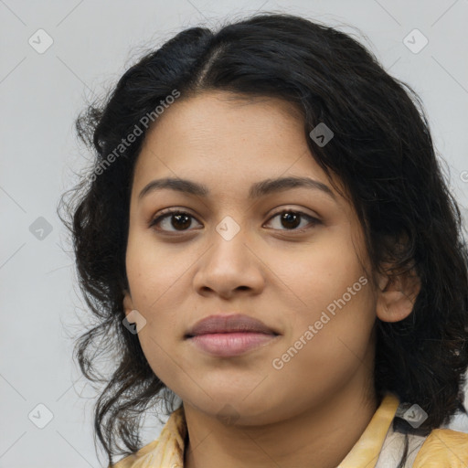 Joyful latino young-adult female with medium  black hair and brown eyes