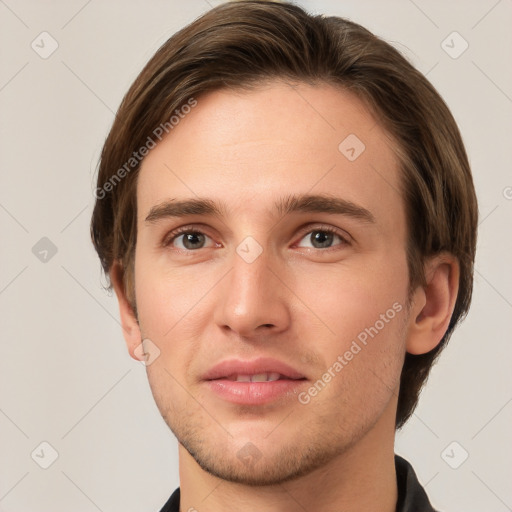 Neutral white young-adult male with short  brown hair and grey eyes