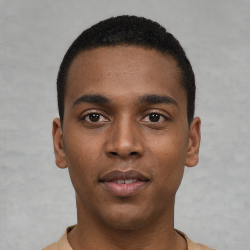 Neutral black young-adult male with short  black hair and brown eyes