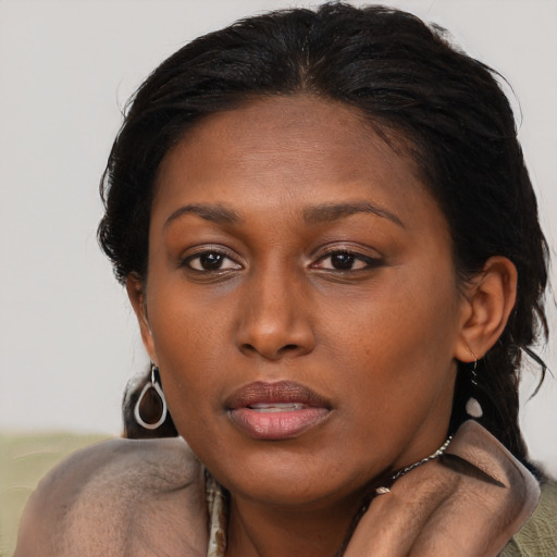 Joyful black young-adult female with long  brown hair and brown eyes