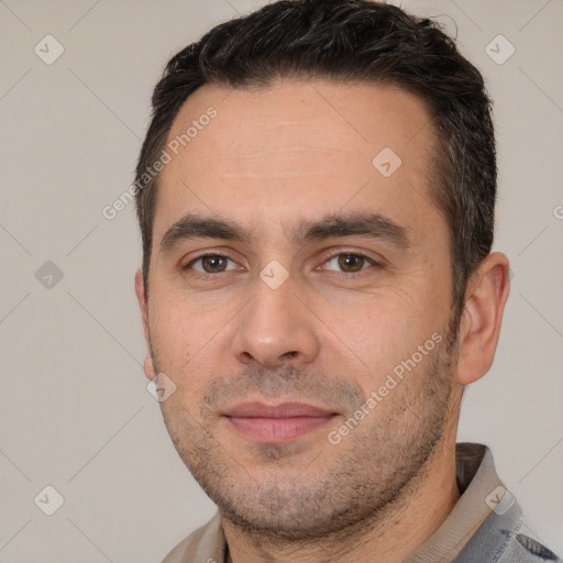 Neutral white young-adult male with short  brown hair and brown eyes