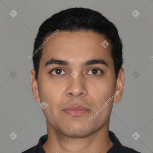 Neutral latino young-adult male with short  black hair and brown eyes