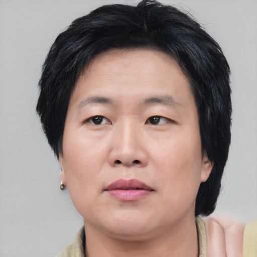 Joyful asian adult female with short  brown hair and brown eyes