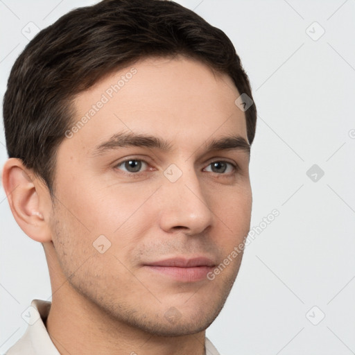 Neutral white young-adult male with short  brown hair and brown eyes