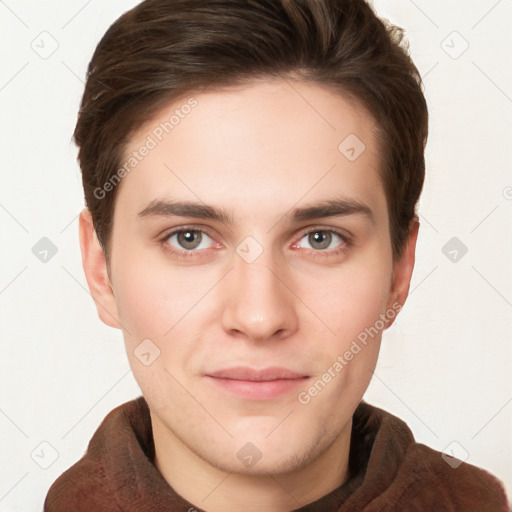 Neutral white young-adult male with short  brown hair and grey eyes