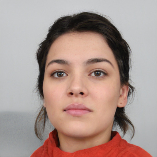 Neutral white young-adult female with medium  black hair and brown eyes