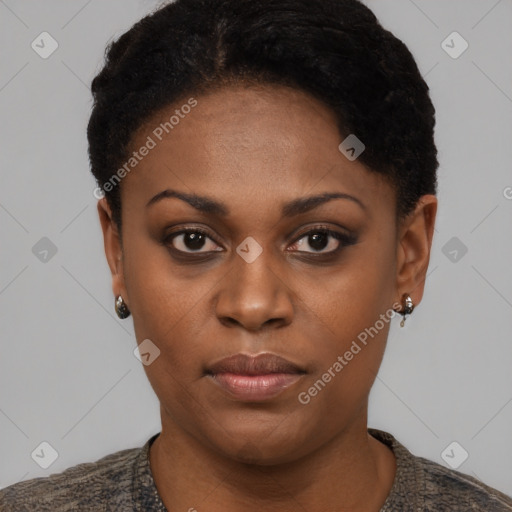 Neutral black young-adult female with short  brown hair and brown eyes