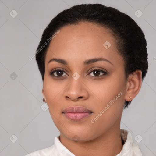 Joyful latino young-adult female with short  brown hair and brown eyes