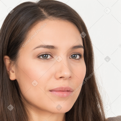 Neutral white young-adult female with long  brown hair and brown eyes