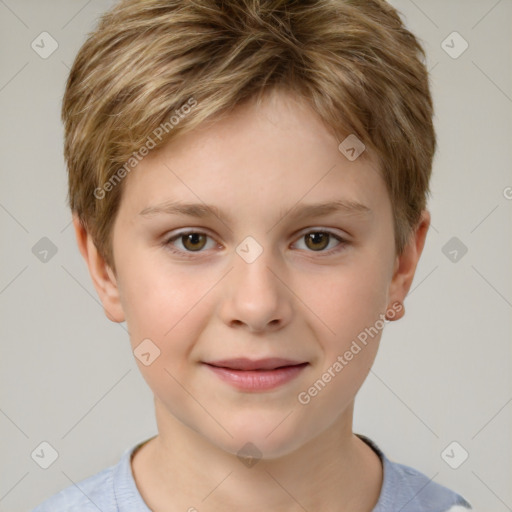 Joyful white child female with short  brown hair and brown eyes