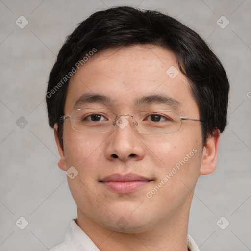 Neutral asian young-adult male with short  brown hair and brown eyes