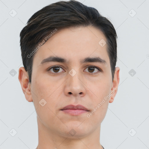 Neutral white young-adult male with short  brown hair and brown eyes