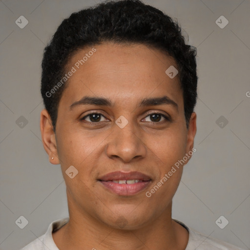 Joyful latino young-adult male with short  brown hair and brown eyes