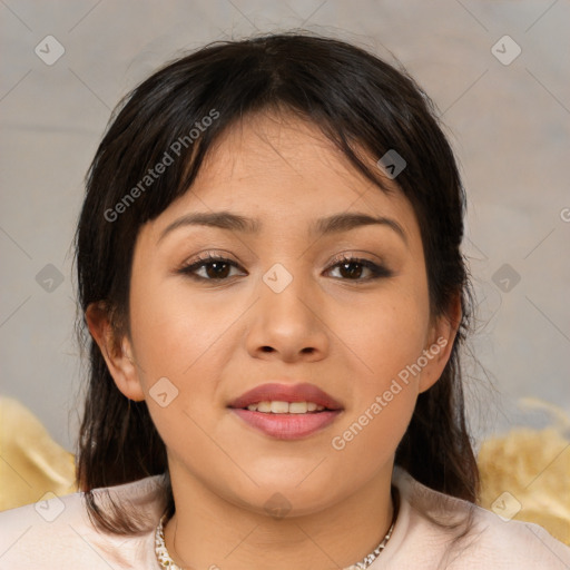 Joyful white young-adult female with medium  brown hair and brown eyes