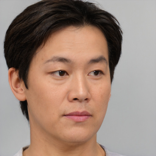 Neutral asian young-adult male with short  brown hair and brown eyes