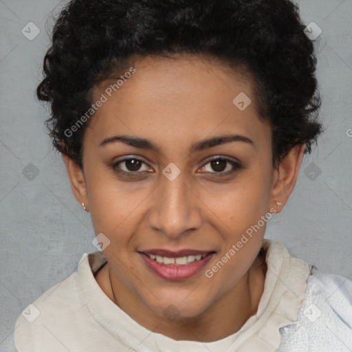 Joyful latino young-adult female with short  brown hair and brown eyes