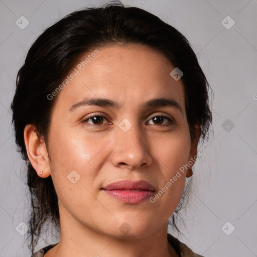 Joyful white adult female with medium  brown hair and brown eyes